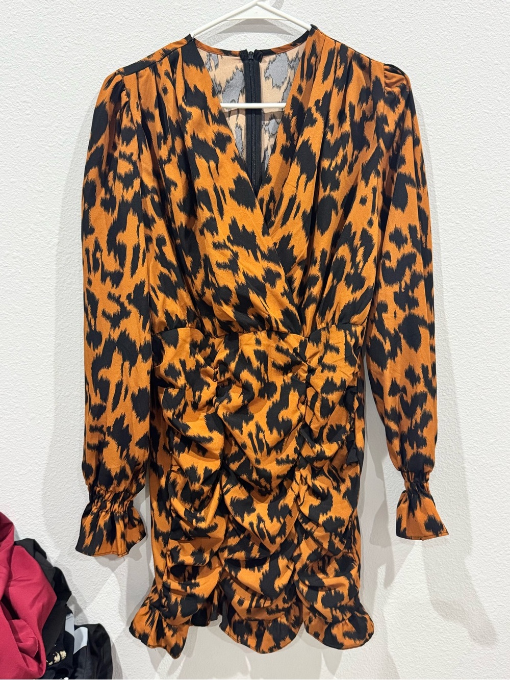 SHEIN Orange and Black Animal-Print Long Sleeve Ruched Mini Dress